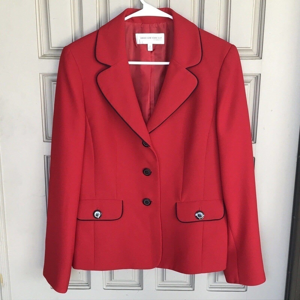 Jones New York Blazer Sz10 Red Black Piping Lined Pockets Lightly Used